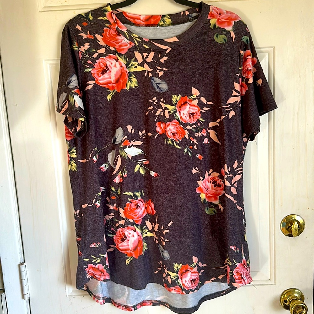Pink and Gray Floral T Shirt